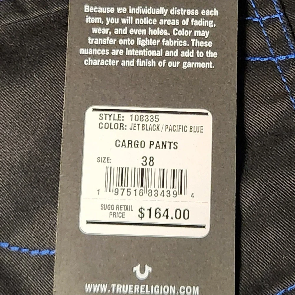 True Religion Cargo Pants‎ Mens Black Blue Contrast Stitch Utility Workwear